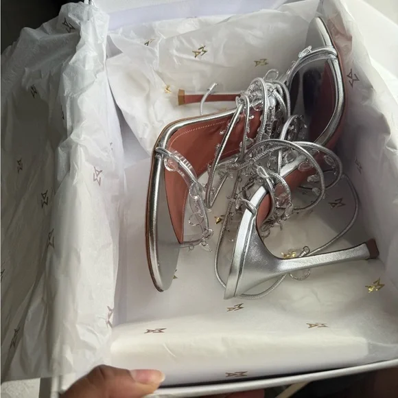 Amina Muaddi Silver Crystal-Embellished Heels - Picture 4 of 6